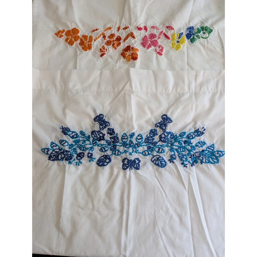Vintage Hand Embroidered Floral Bird Cotton Pillowcase Set 4 Cottagecore